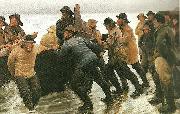 Michael Ancher, fiskere ifard med at satte en rorsbad i vandet